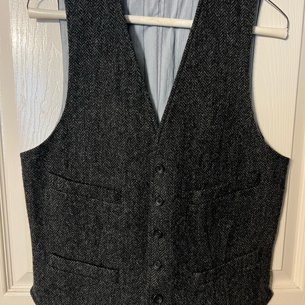 Vintage J.Crew Men’s Herringbone Tweed Vest, Sz Small Gray Moon British Wool
